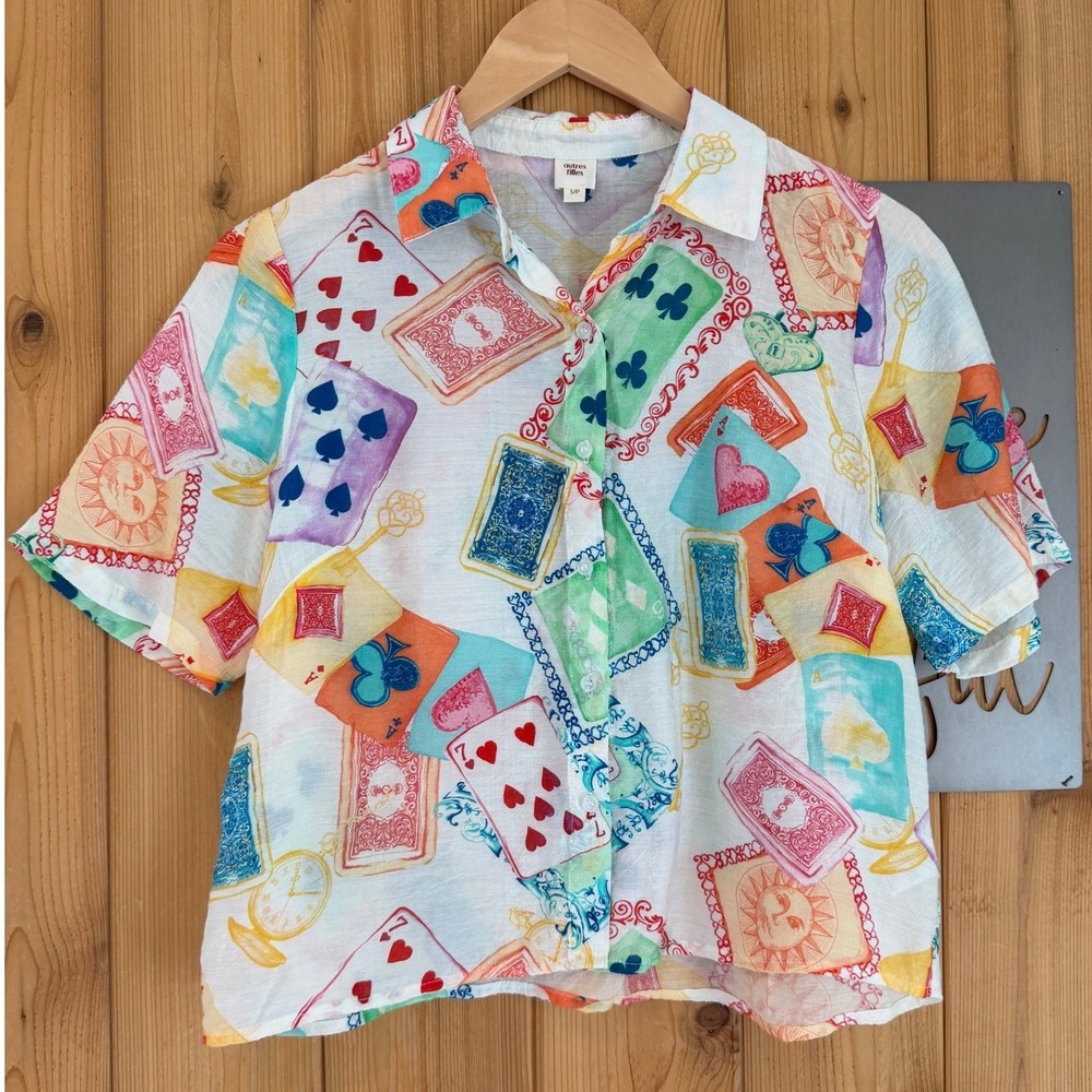 Outres Filles Linen Blend Short Sleeve Button Down Top Size Small